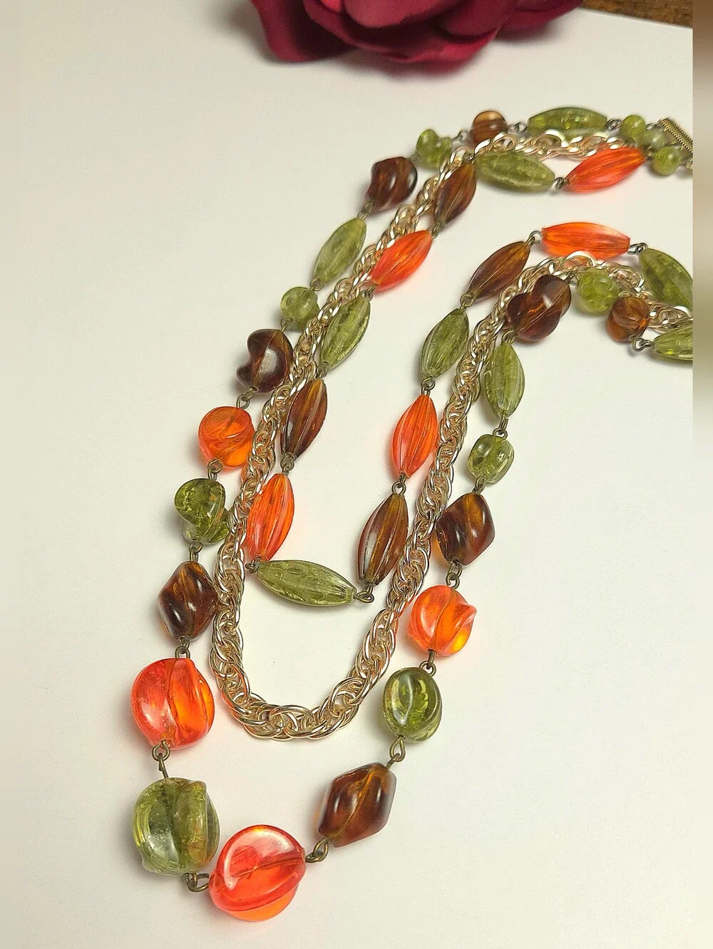Vintage Orange Green & Brown Acrylic Beaded Multi Strand Necklace 1950s Germany